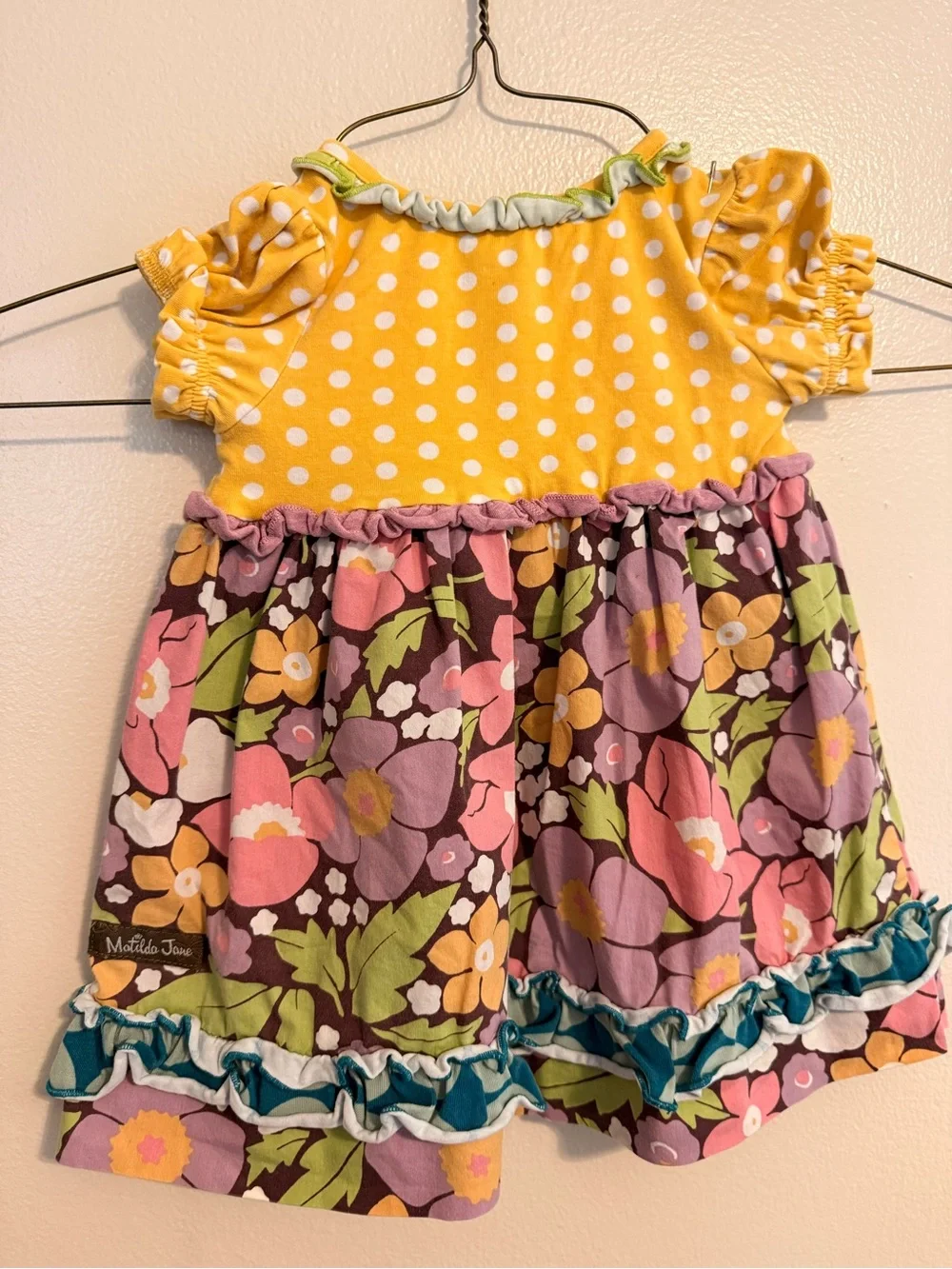 Matilda Jane 6-12M Yellow Polka Dot Floral Patchwork Ruffle Boutique Dress